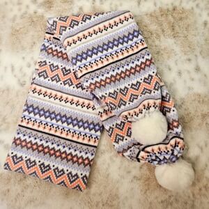 CuddlDuds Scarf Geometric Blue Pink White Pom-Pom Soft Cuddly Winter Wrap 7"x65"